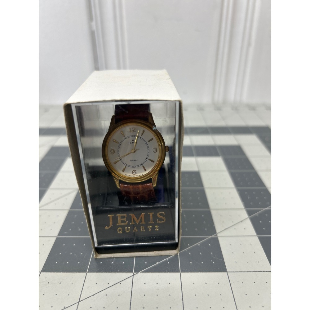 Vtg Jemis Quartz Watch Brown Gold Classic Leather Strap NOS Needs Battery